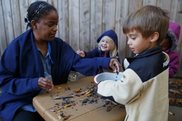 Adult and child collecting items found outside in a bowl