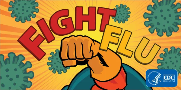 A super hero punch with the words "Fight Flu" above it